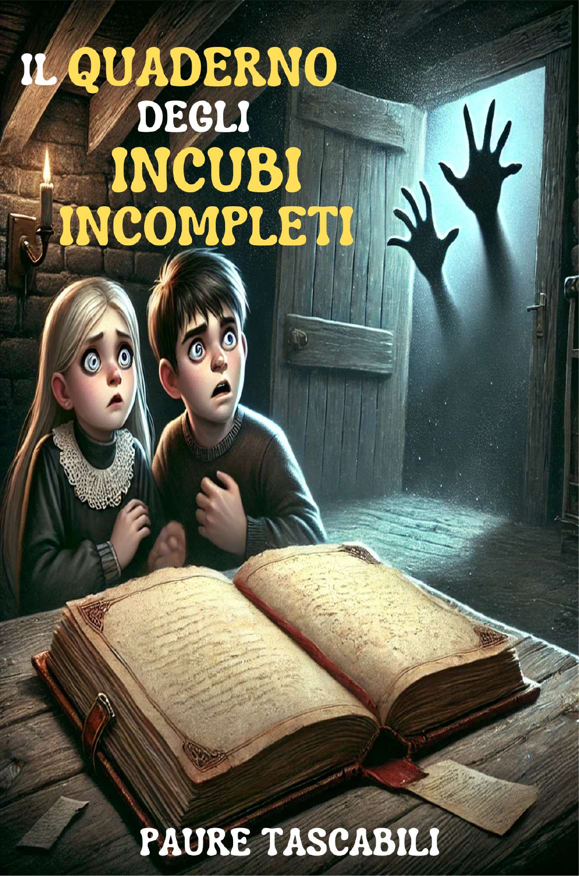 Copertina de Il Quaderno degli Incubi Incompleti — due bambini spaventati davanti a un quaderno aperto in soffitta, con una mano d'ombra dietro una porta