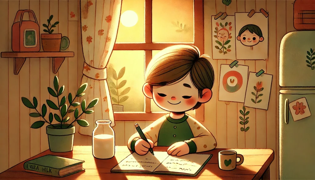 Illustrazione di un bambino seduto a un tavolo in luce dorata che scrive in un diario
