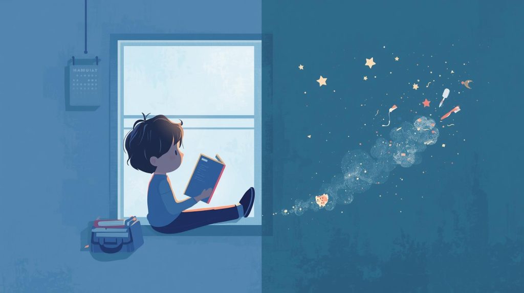 Illustrazione che rappresenta l'equilibrio tra routine e libertà nei racconti da brivido per bambini