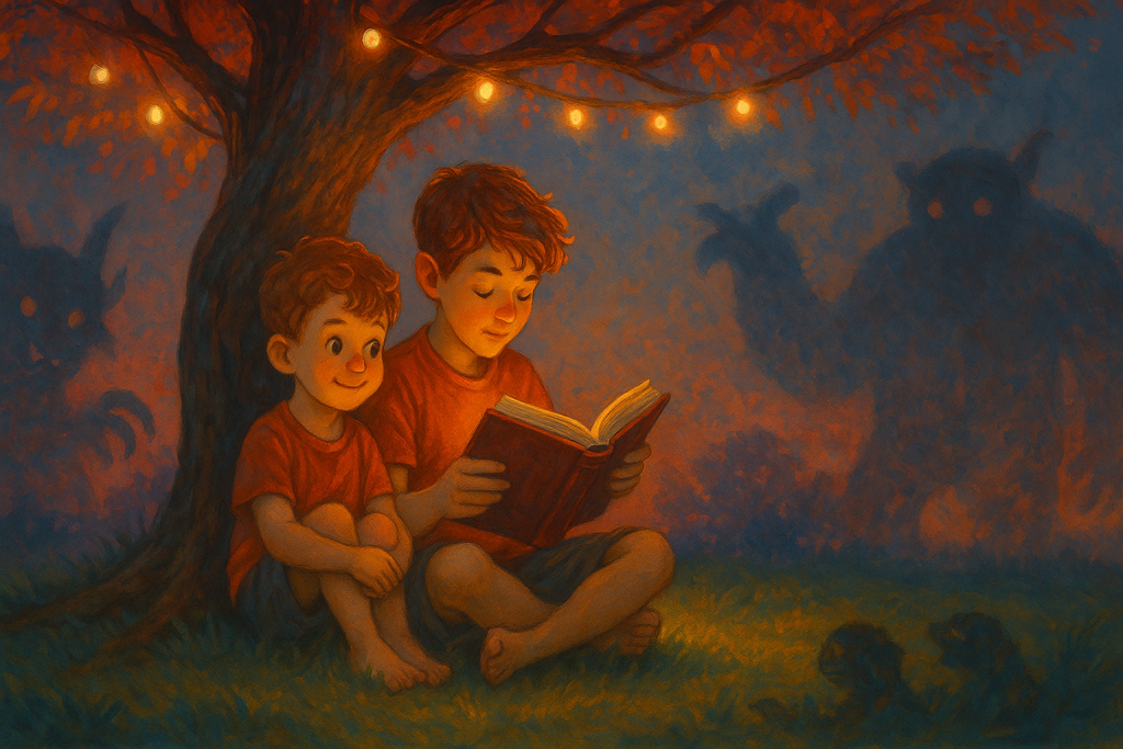 Due bambini seduti sotto un albero che leggono insieme un libro in un ambiente magico, simbolo dell'importanza di fidarsi degli altri fin da piccoli